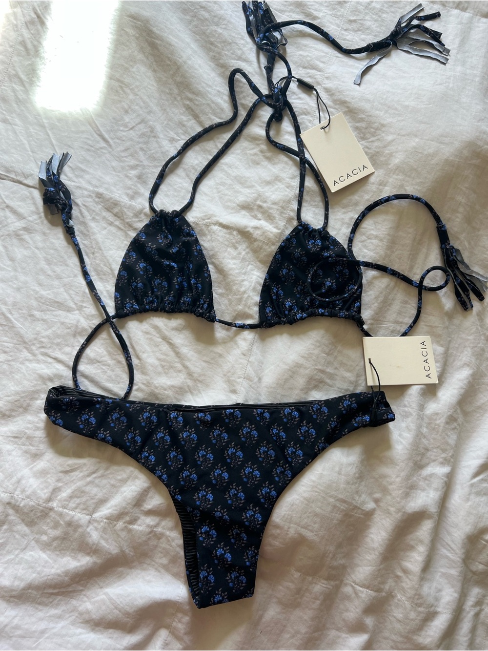 acacia swimwear Black Bikini with Blue Floral Print